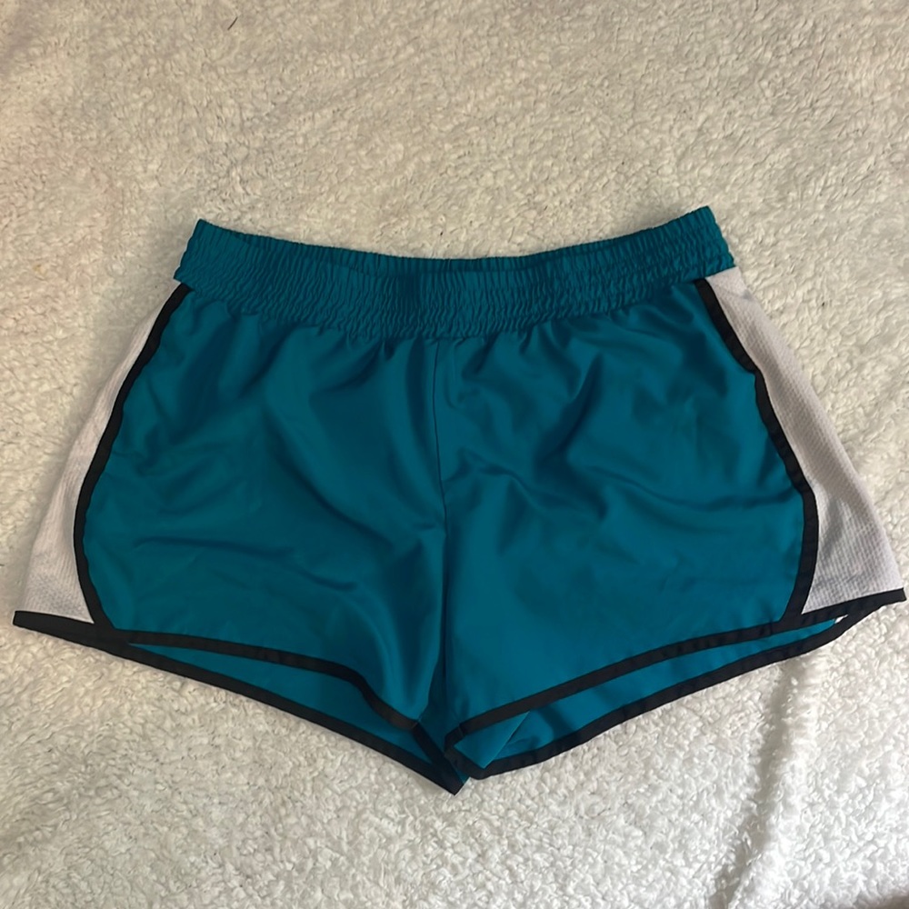 Large Tek Gear athletic shorts. Mostly blue, sides are white with black lining.